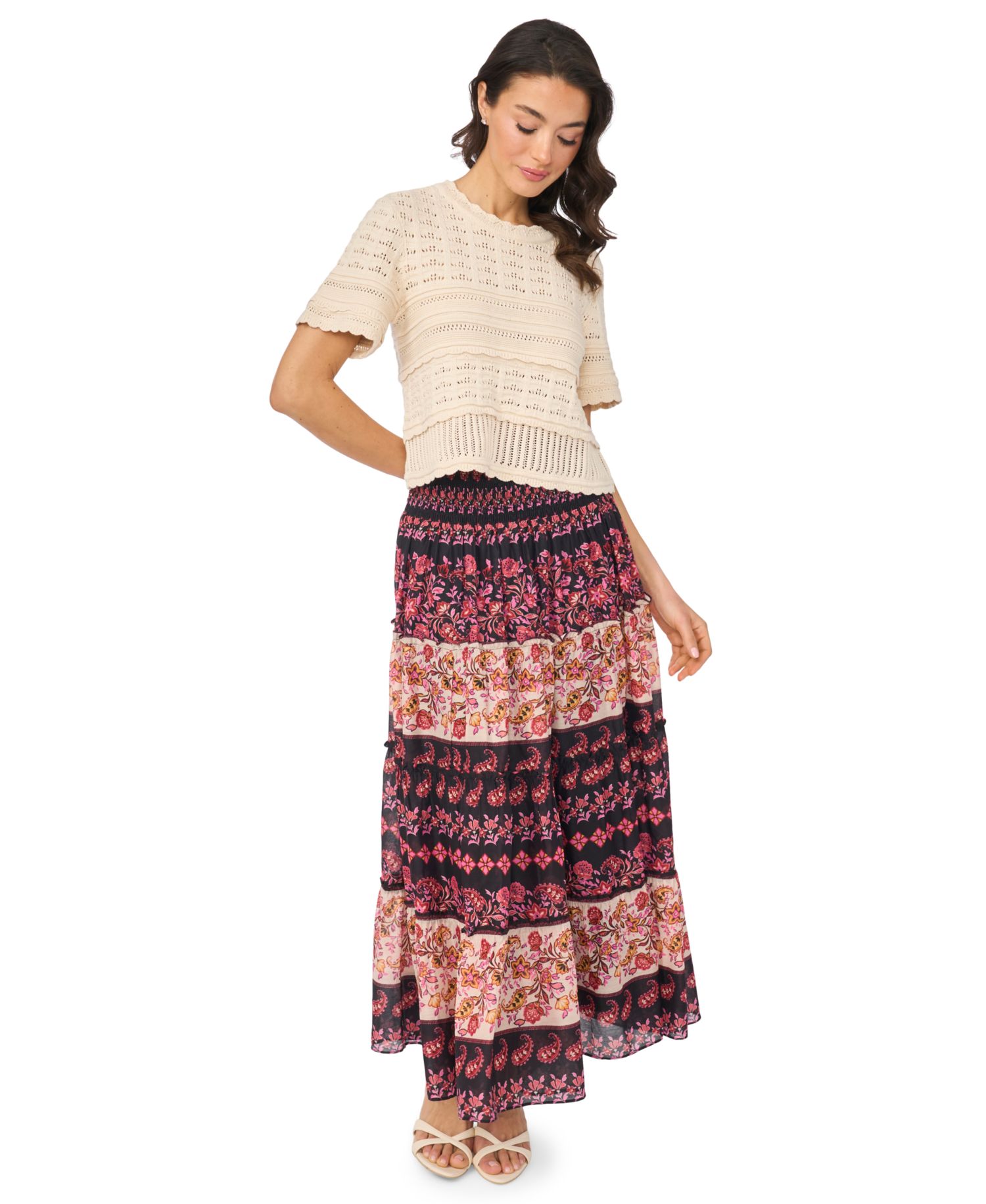 Women's Multi-Stitch Pointelle Short-Sleeve Sweater