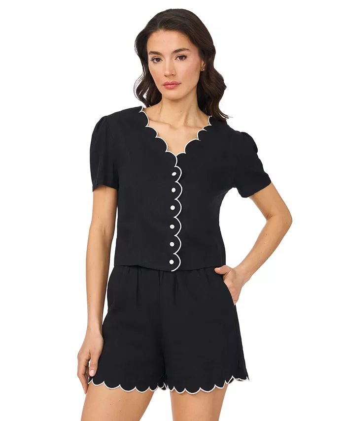 Women's Linen-Blend Short-Sleeve V-Neck Scallop Edge Top