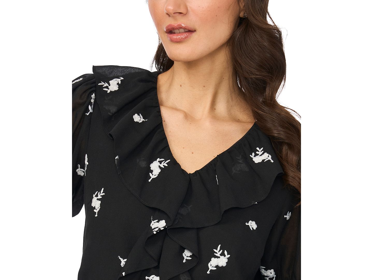 Женский топ CeCe Embroidered Ruffled Short-Sleeve Top, цвет: Насыщенный чёрный — фото 3