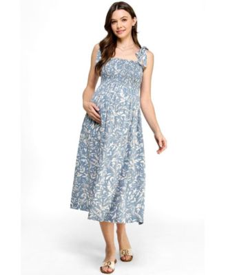 Women's Maternity Floral Smocked Sleeveless Tie-Shoulder Midi Dress
