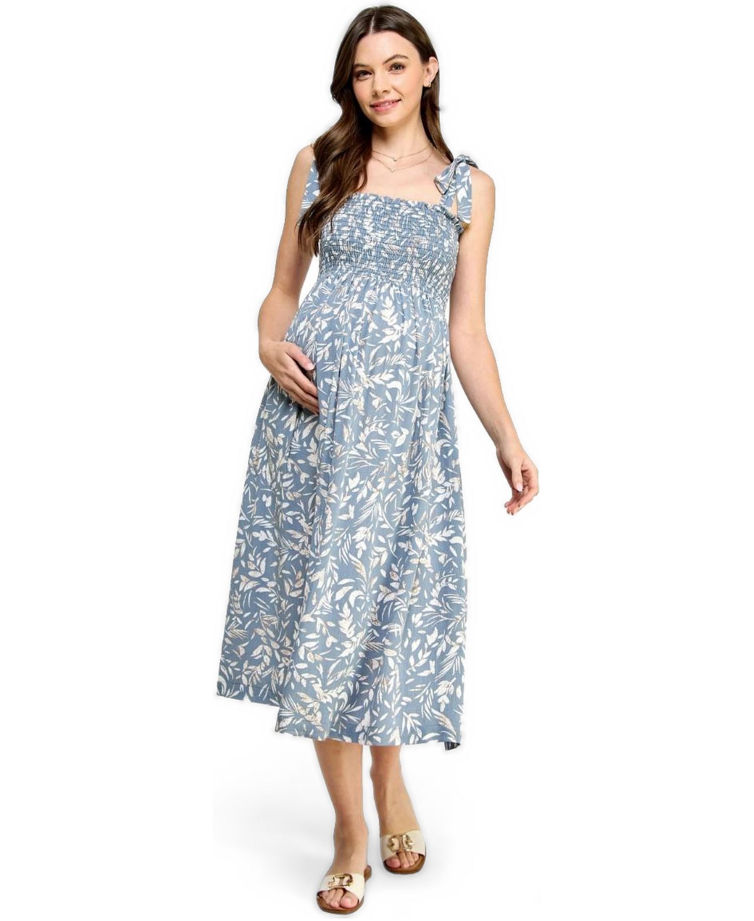 Women's Floral Smocked Sleeveless Tie-Shoulder Midi Dress