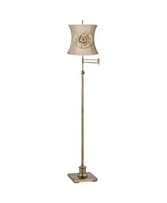 Traditional Swing Arm Floor Lamp Adjustable Height 70" Tall Antique Brass Almond Flower Linen Drum Shade Living Room Bedroom