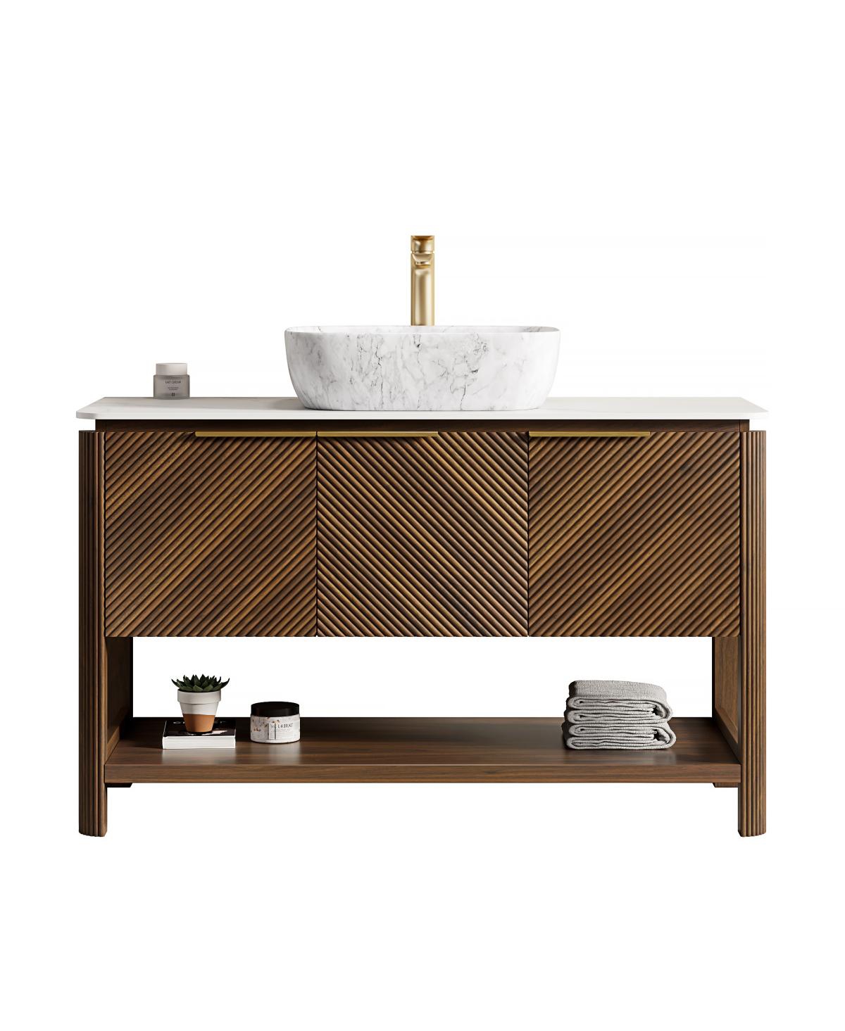 Sillysis Modern Bathroom Vanity with Vessel Sink, Sintered Stone Countertop, Soft Close Solid Wood 3D Doors