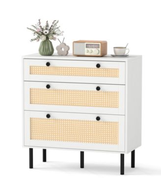 Rattan Dresser w/ 3 Drawers Boho Chest of Drawers w/Metal Legs Wide Nightstand