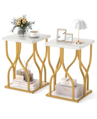 Faux Marble Nightstand Set of 2 2-Tier End Table w/ Storage Shelf and Metal Frame