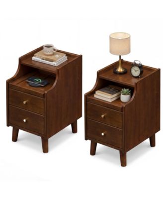 2Pcs Wood Nightstand w/ 2 Drawers Narrow Bedside Table w/ Pull-out Tray