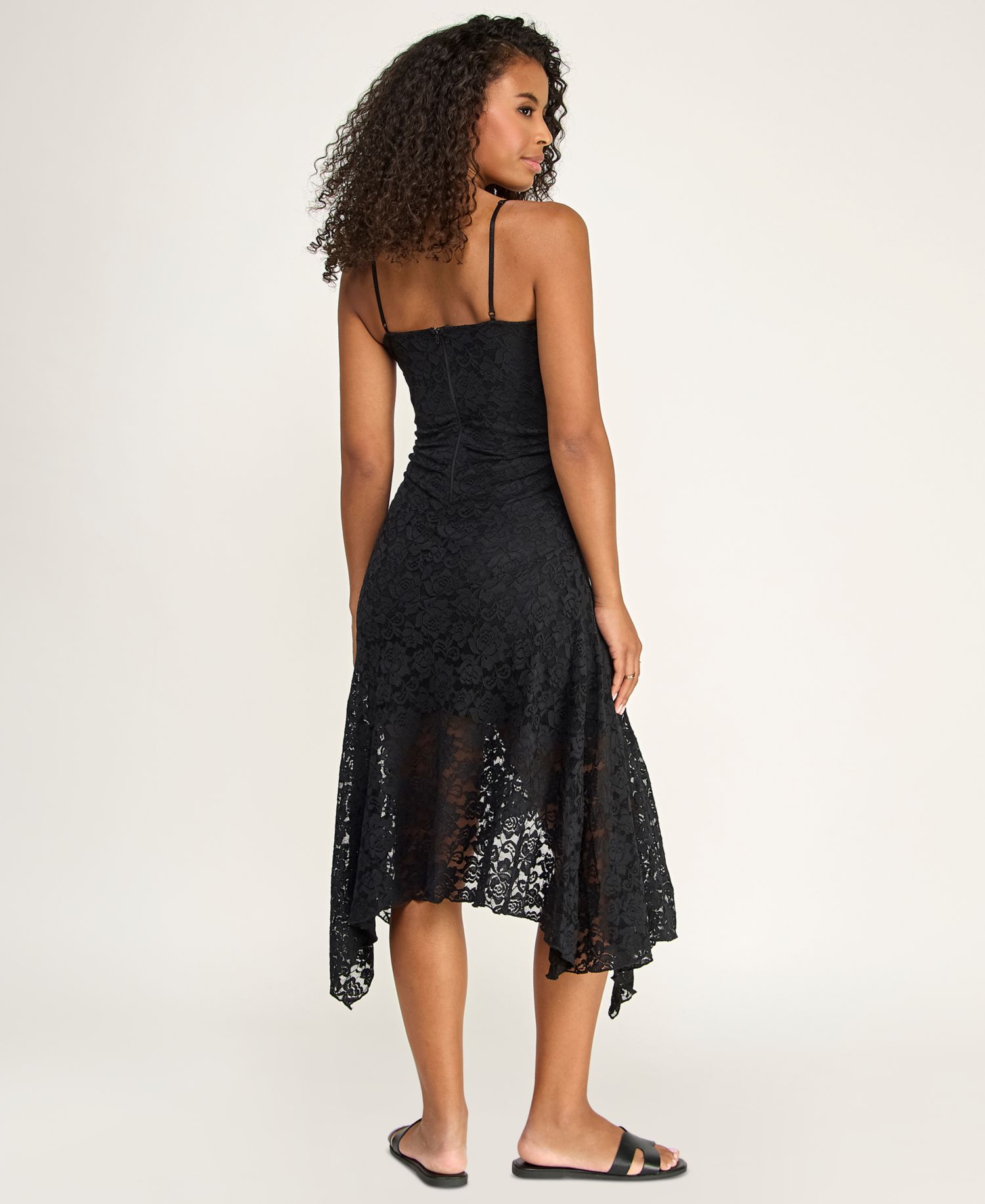 Juniors' Handkerchief Hem V-Neck Lace Midi Dress