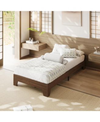 Platform Bed Frame with Wood-Grain Finish, Wooden Slat Support, Low Profile Design, No Box Spring Needed
