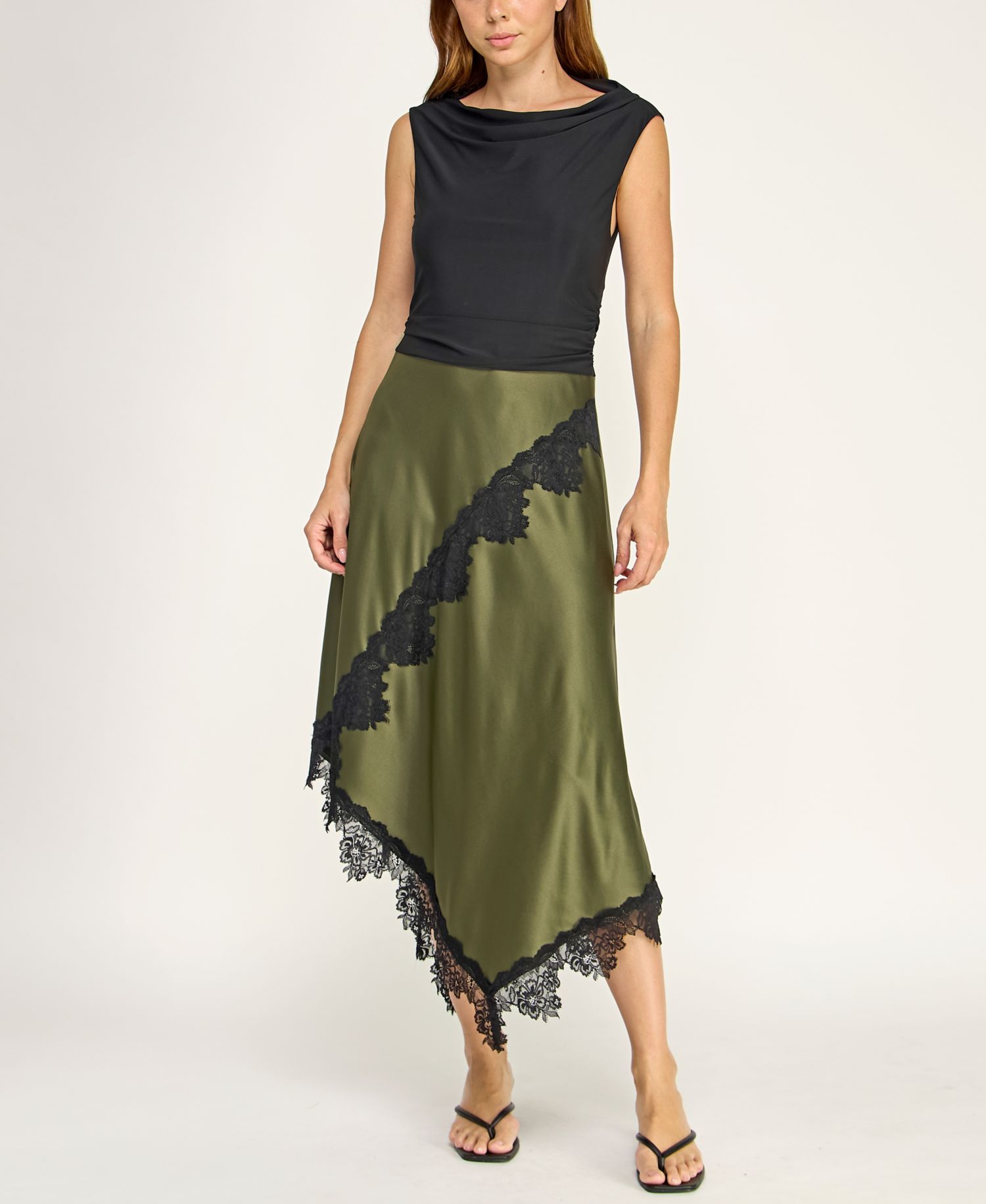 Juniors' Cowl Neck Assymetric Lace Trim Satin Skirt Midi Dress