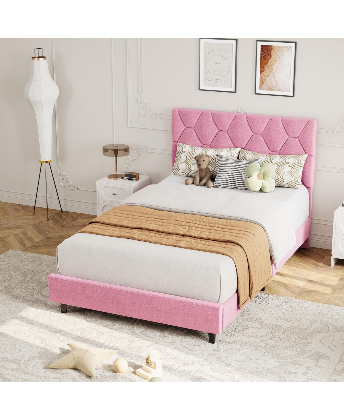 homfan Modern Upholstered Platform Bed Frame, Adjustable Padded Fabric Headboard, Heavy Duty Wooden Slats, No Box Spring Needed, Noise-Free