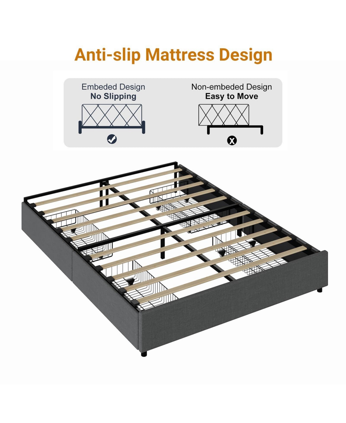 gaomon Bed Frame with 4 Storage Drawers, King Platform Bed with Linen Fabric Upholstered and Wooden Slats Support, No Box Spring Needed