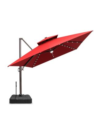 Outdoor Patio 10X13Feet Aluminum Double Canopy Solar Lights Cantilever Umbrella with Rod Wheel Base