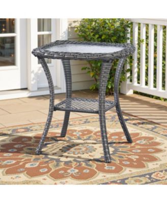 Wicker Side Table Outdoor, Patio Rattan Side Table with Glass Top and Storage Shelf, 22" Tall Wicker Coffee Table for Yard, Deck, Garden