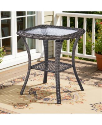 Wicker Side Table Outdoor, Patio Rattan Side Table with Glass Top and Storage Shelf, 22" Tall Wicker Coffee Table for Yard, Deck, Garden