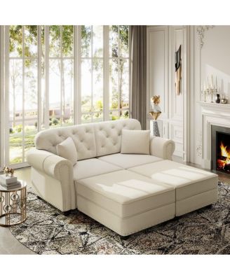 63'' Velvet Loveseat Set with 2 Ottomans, Chesterfield Nailhead Tufted