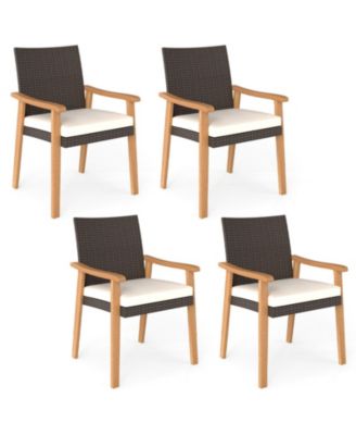 PE Rattan Patio Dining Chair Set of 4 with Removable Cushions and Acacia Wood Armrests