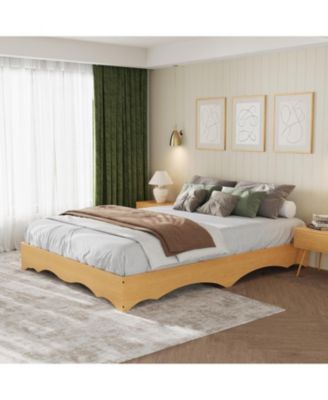 Wood Platform Bed Frame, Low Profile Bed with Wavy Wood Design, Minimalist Bed Base Without Headboard, Noise-Free Support, No Box Spring Needed