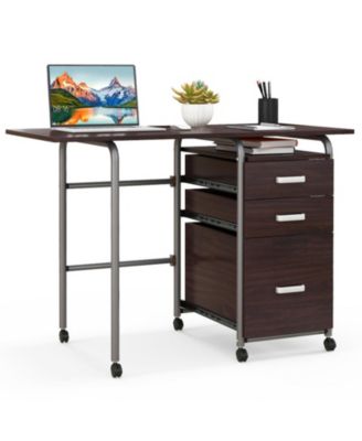 Folding Computer Desk 3 Drawers Wheels Home Office Laptop Table