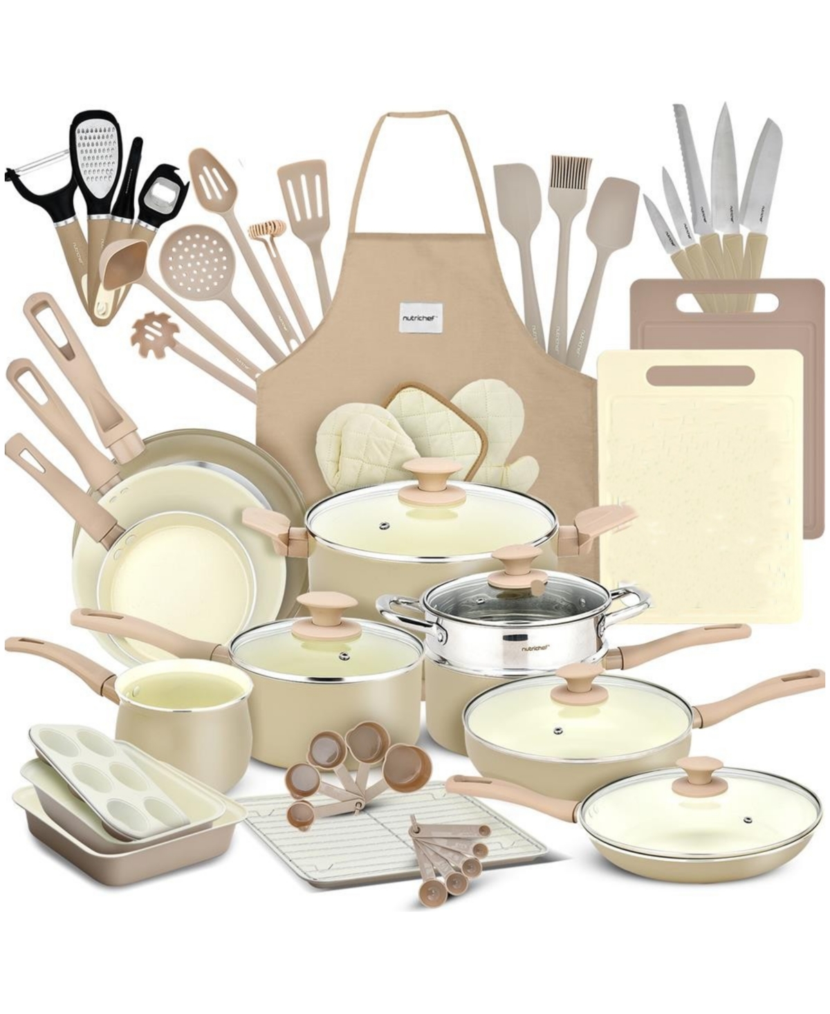 NutriChef 54 Pcs. Home Kitchen Cookware, Kitchen Tools, and Bakeware Set - High-Quality Ceramic Kitchenware Pots and Pans (Taupe Brown)
