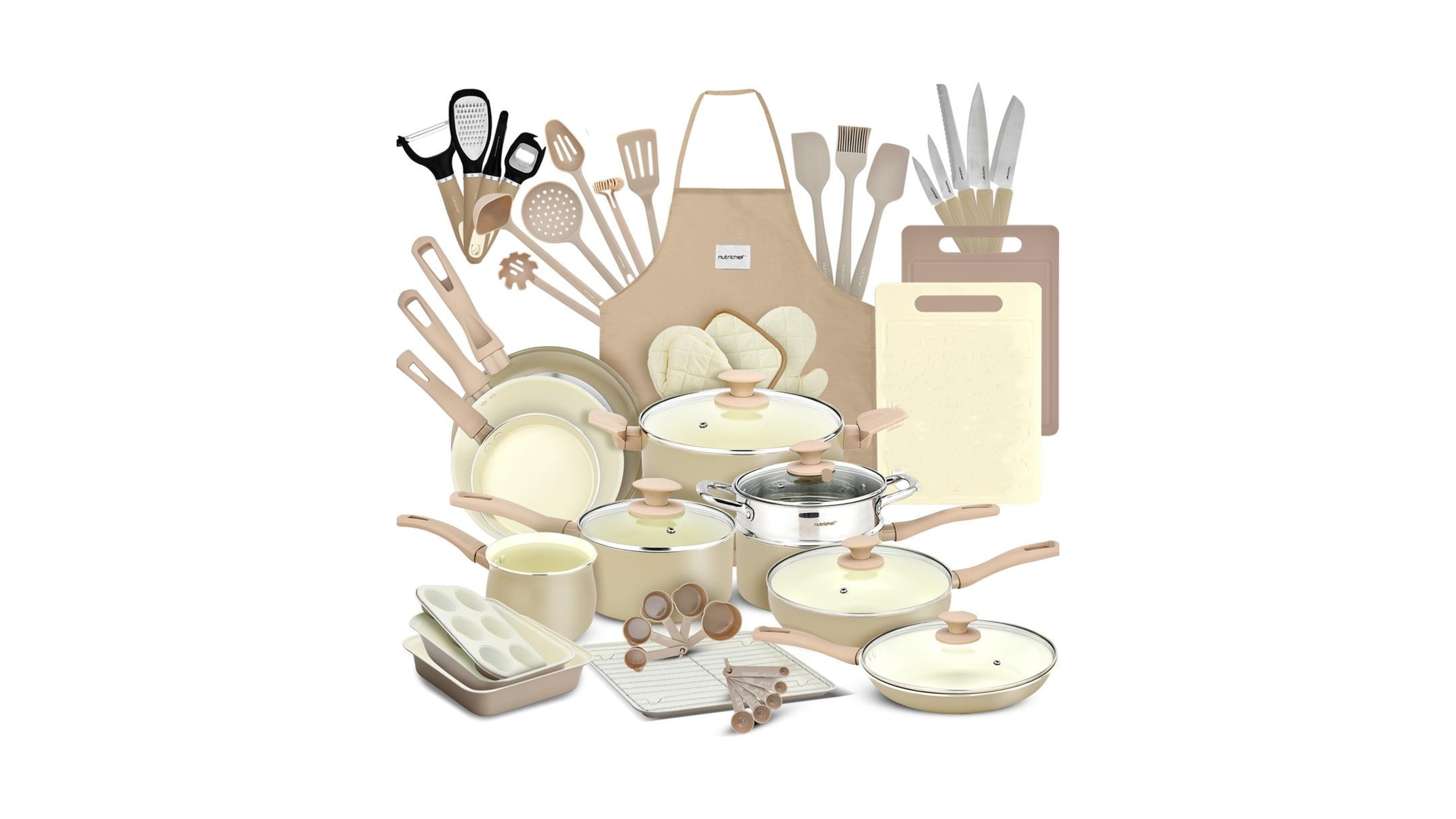 NutriChef 54 Pcs. Home Kitchen Cookware, Kitchen Tools, and Bakeware Set - High-Quality Ceramic Kitchenware Pots and Pans (Taupe Brown)