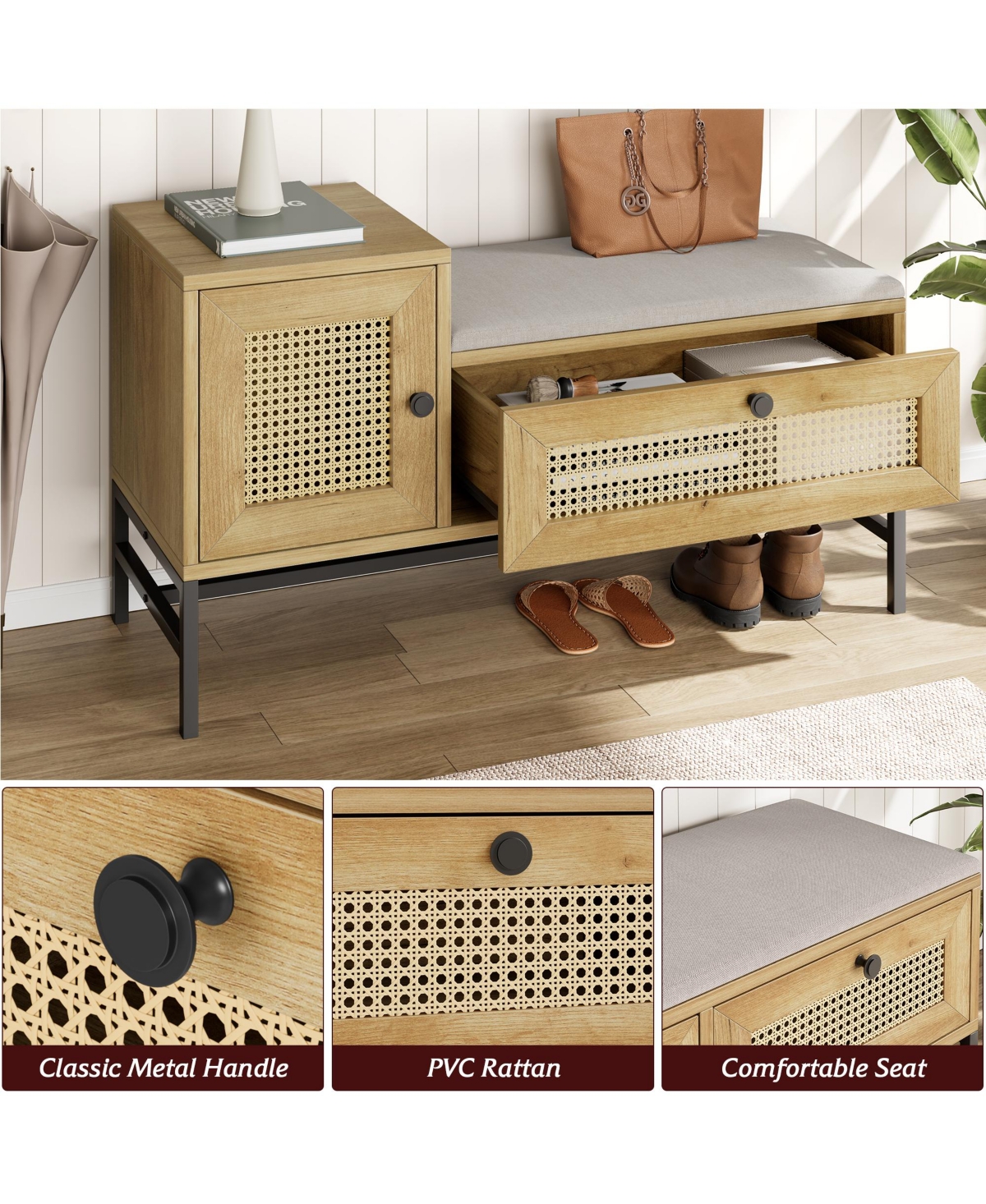 Farmhouse Shoe Bench, 39 Inch Wood Storage Bench with Rattan Cabinet and Drawer, Cushioned Entryway Seating for Hallway