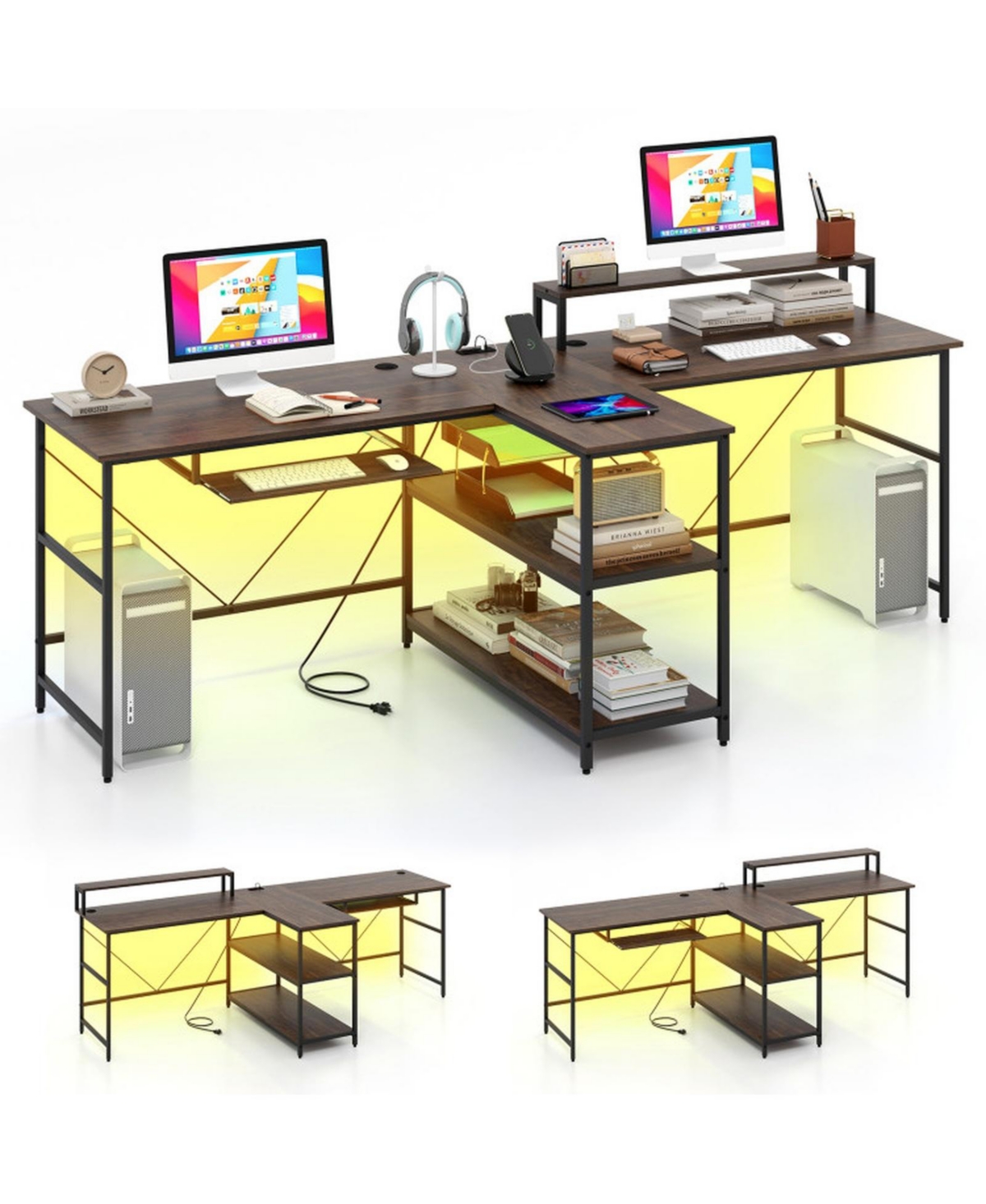 Gouun 2-Person Computer Desk Led Lights Monitor Stand Storage
