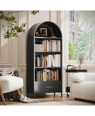 Arched Metal Bookshelf with Drawer, Modern Open Display Cabinet and Tall Storage Shelf