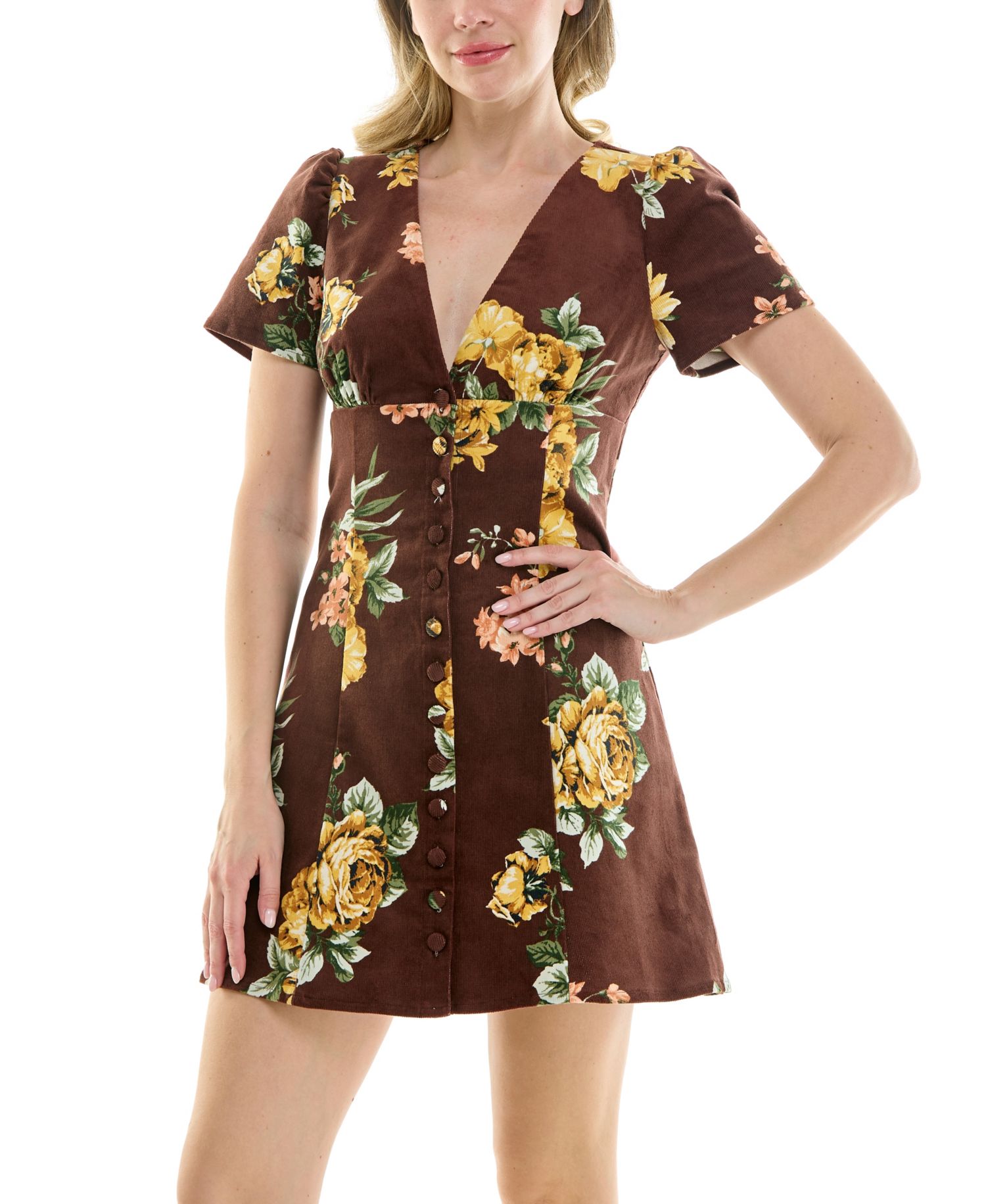 Juniors' Floral V-Neck Lace-Back Corduroy Mini Dress