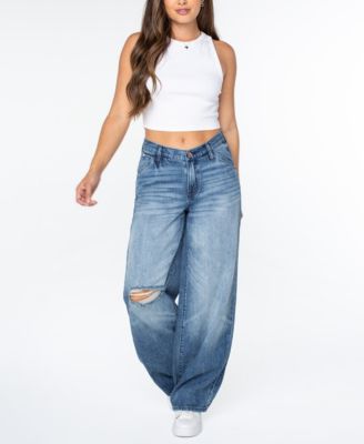 Juniors' Mid-Rise V-Waist Wide-Leg Baggy Jeans