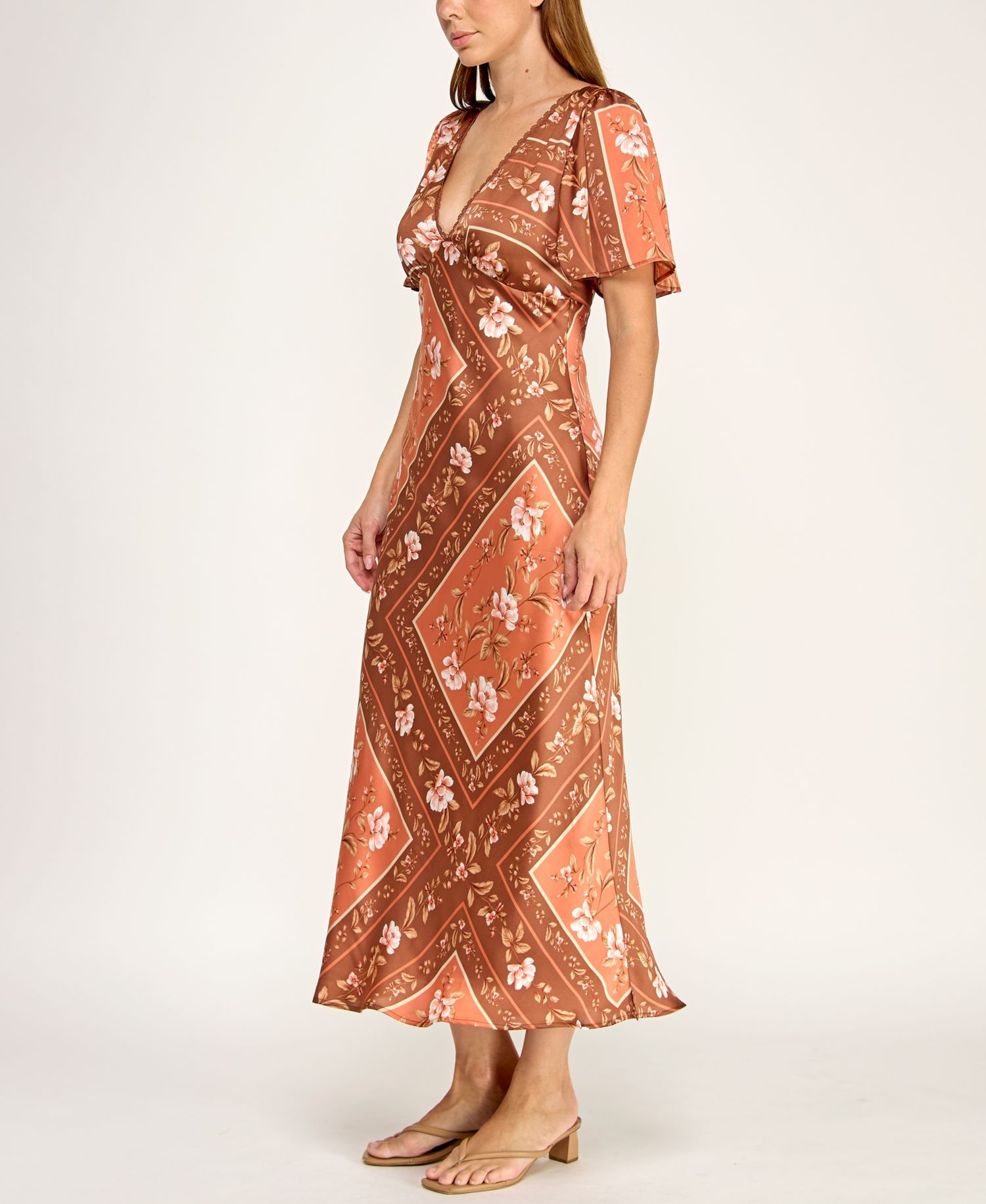 Juniors' Slim-Fit Floral Printed Satin Midi Dress