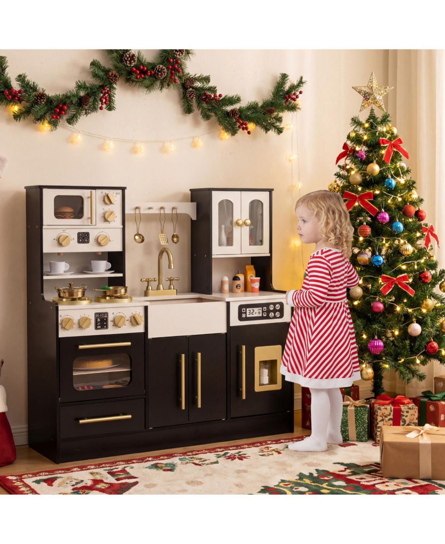Детская игрушка Slickblue Wooden Play Kitchen With Lights and Sound Effects, Ages 3+, цвет: Чёрный — фото 7