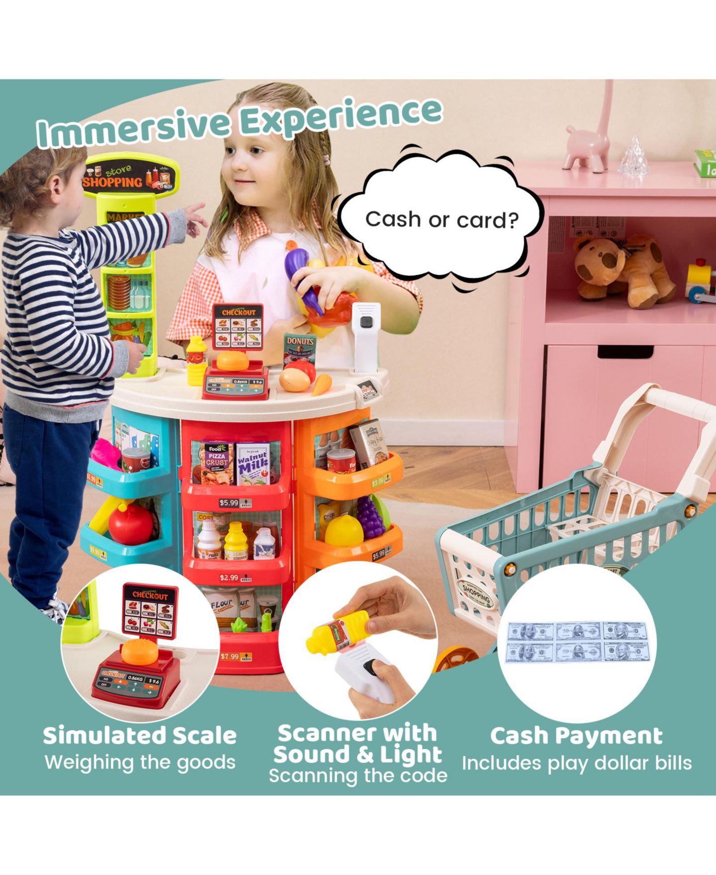 Детский игровой набор Slickblue Grocery Store Playset with Shopping Cart, 76-Piece, Ages 3+, цвет: Синий — фото 4