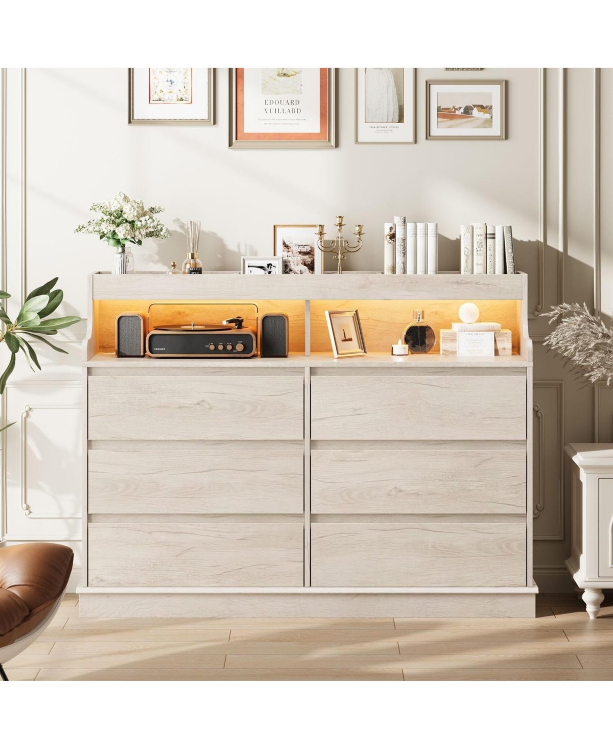 gaomon Dresser for Bedroom with 6 Drawers, Modern Chest Featuring Led Lights and Charging Station