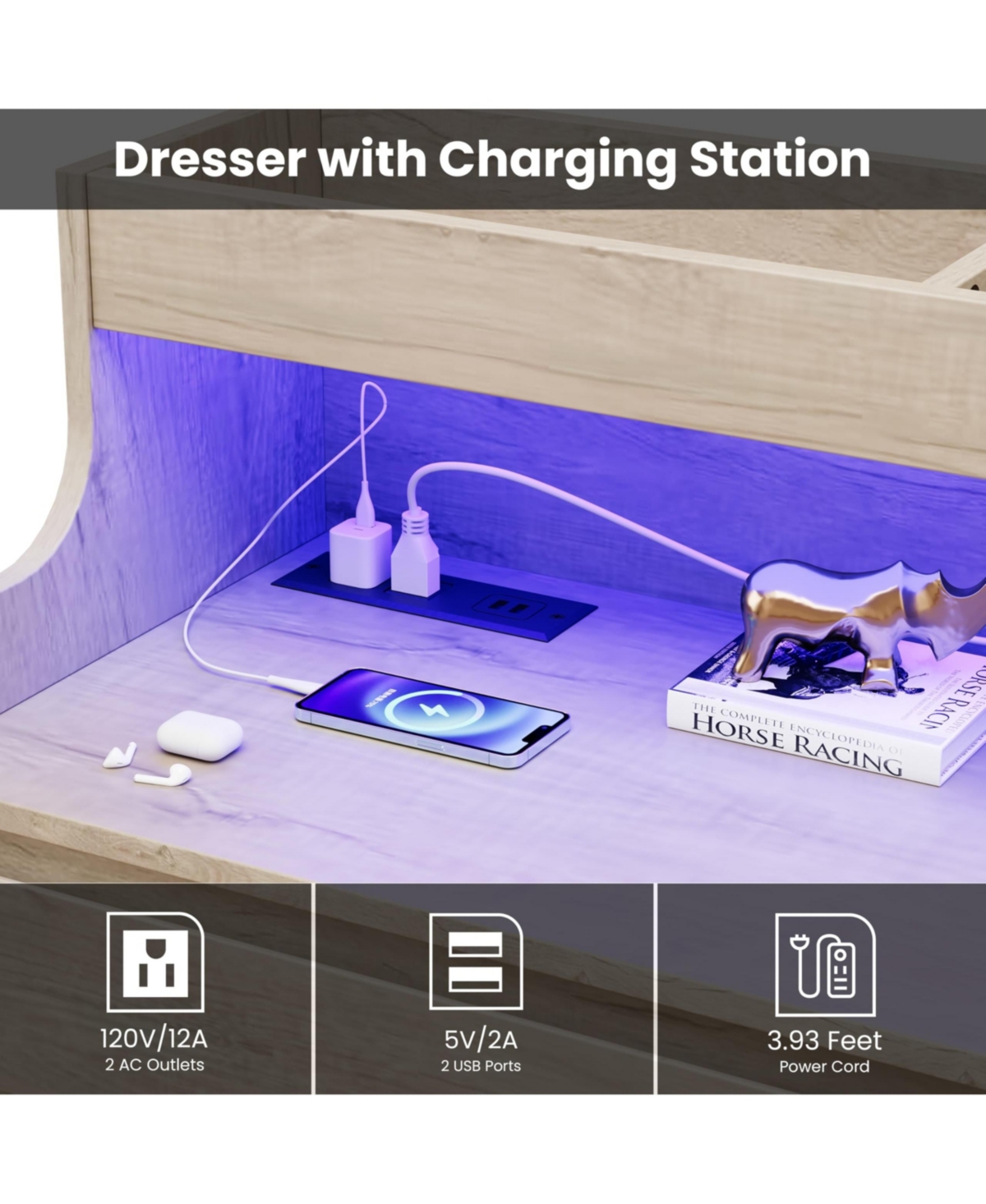 gaomon Dresser for Bedroom with 6 Drawers, Modern Chest Featuring Led Lights and Charging Station