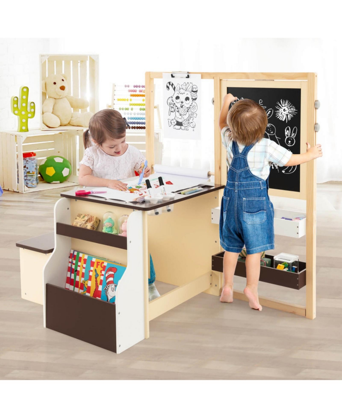 Gouun Kids Art Center with Double-Sided Easel and Storage Bench