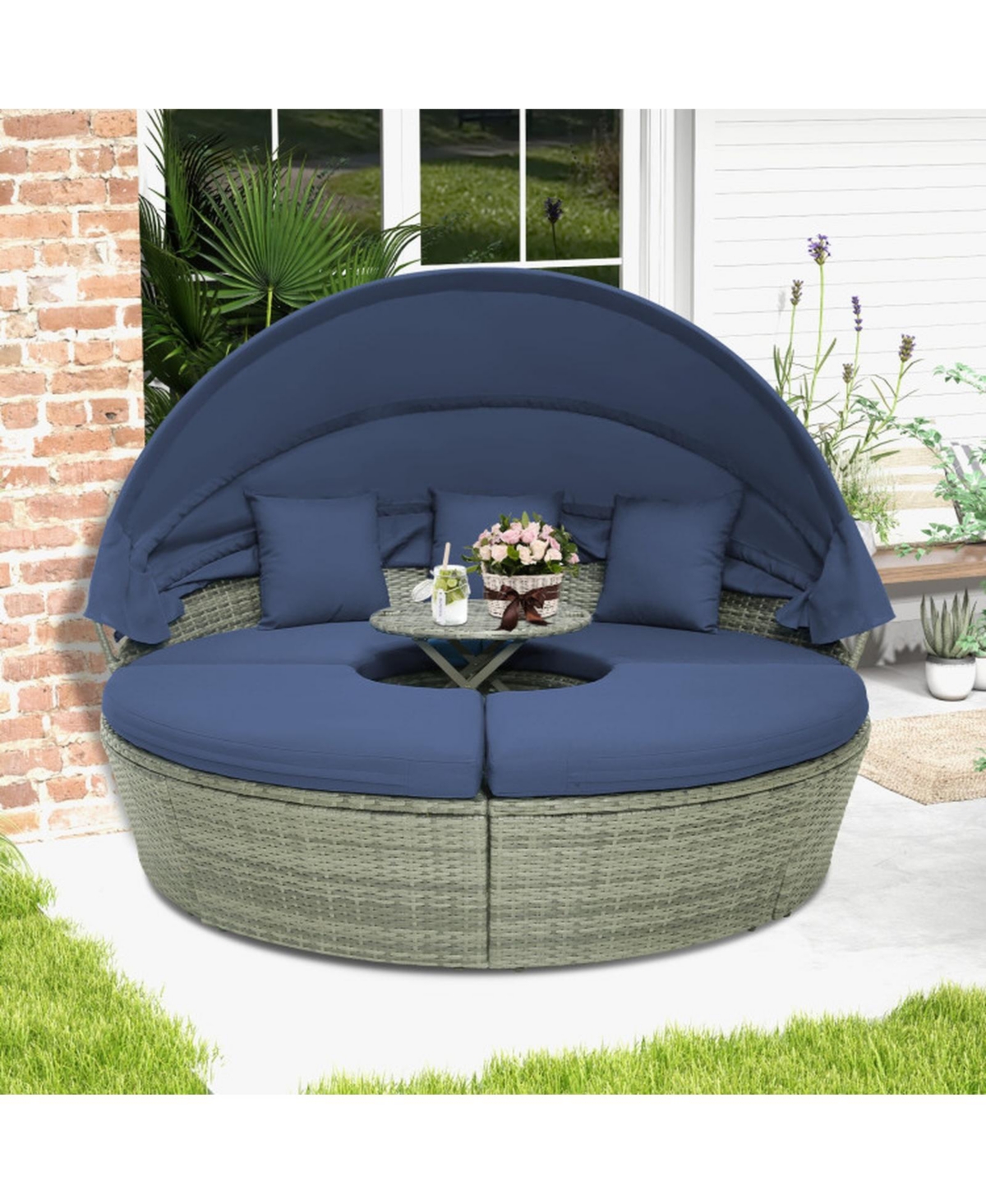 Gouun Outdoor Round Wicker Daybed with Retractable Canopy and Cushions