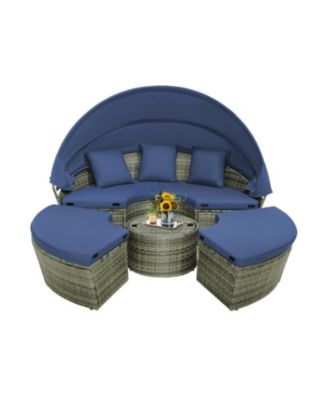 Outdoor Round Wicker Daybed with Retractable Canopy and Cushions