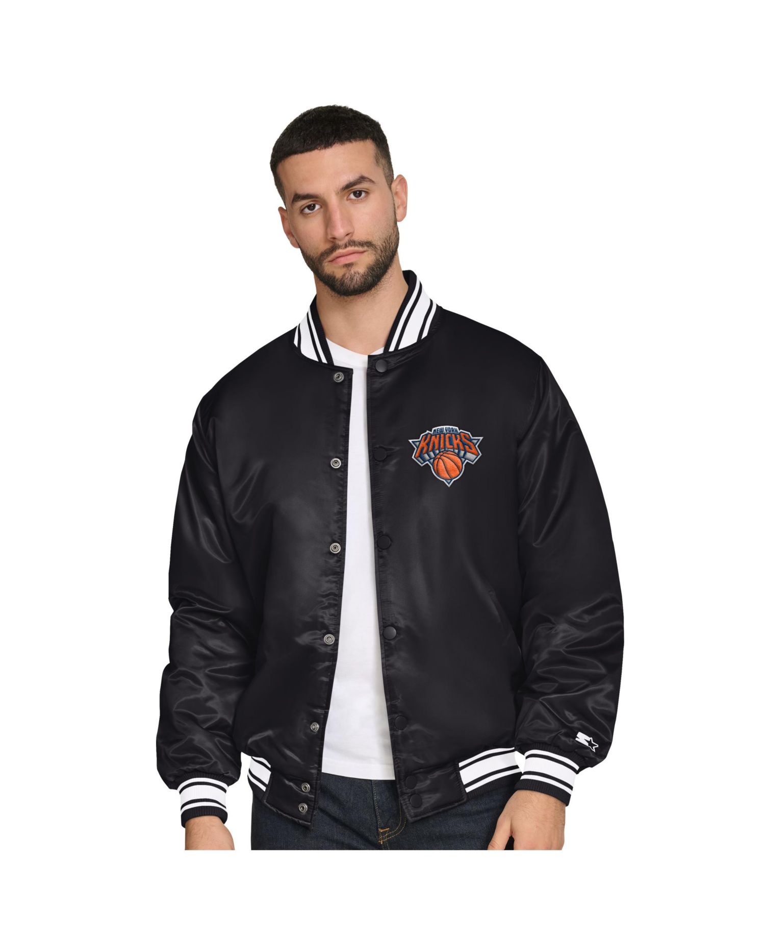 Men's Black New York Knicks Final Buzzer Satin Varsity Full-Snap Jacket