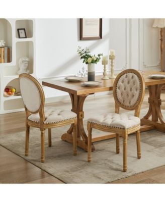 French Style Solid Wood Frame Antique Painting, Hand-pulled buckle decoration PU artificial leather Dining Chair,Set of 2