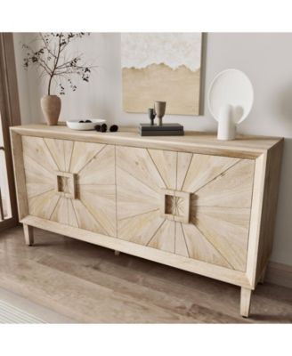 60'' Premium Rustic American Farmhouse Credenza - Symmetrical Sunburst Door Design, Heavy-Duty Antique Wood TV Stand with Adjustable Shelves