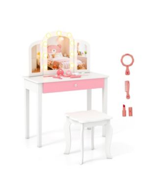 2 in 1 Kids Vanity Table Set with Tri Folding Detachable Mirror and Lights
