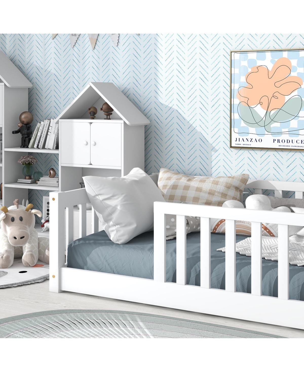 Sailvan Twin Floor Bed with Safety Guardrails,Solid Rubber Wood Fence Kids Bed Frame
