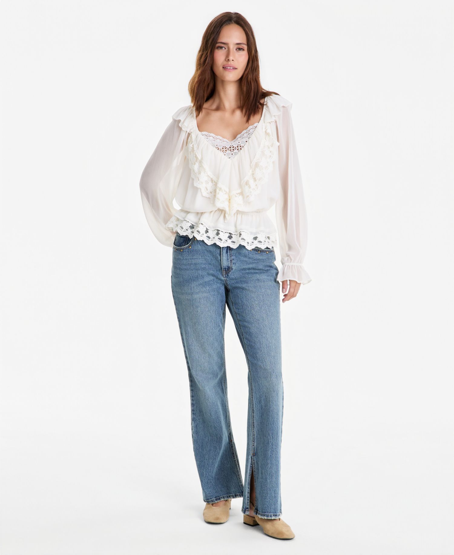 Petite Lace Long-Sleeve Ruffle Blouse