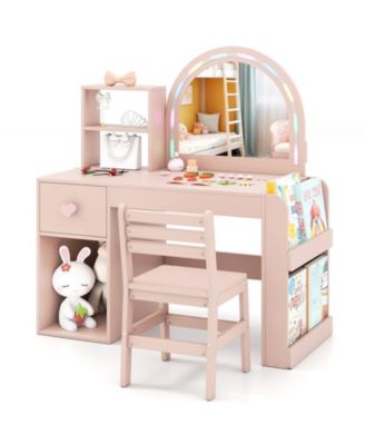 Kids Makeup Vanity Table Set with Lighted Mirror and Chair for Ages 3+