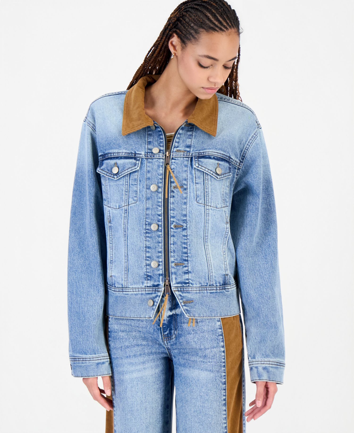 Women's Cord Trim Long-Sleeve Denim Jacket