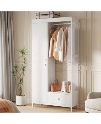 Spacious Storage Armoire Wardrobe, 78.9'' Modern Wood Frame, Drawers, Shelves, Hanging Rod, Freestanding Cabinet, for Clothes, Entryway