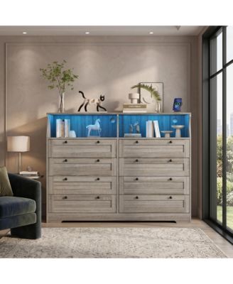 55.1" 8-Drawer Engineered Wood Dresser with LED Lights, Power Outlet, Shelves and Curved Edge Design for Bedroom