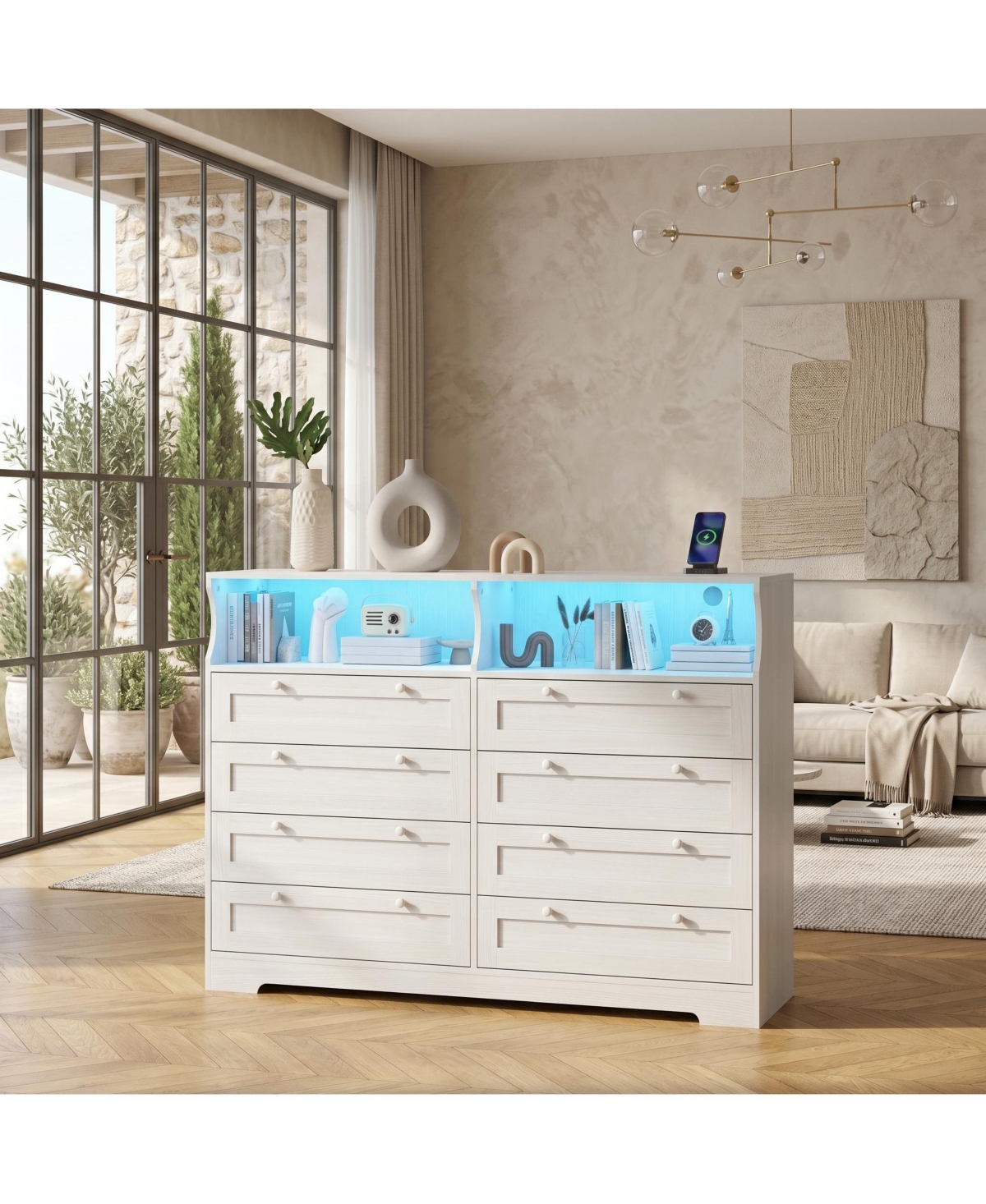 homfan 55.1" 8-Drawer Engineered Wood Dresser with Led Lights, Power Outlet, Shelves and Curved Edge Design for Bedroom - White
