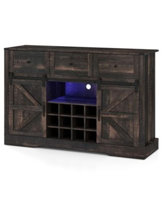 52 Inch Home Bar Cabinet with LED Lights, Sliding Barn Doors and Wine Storage