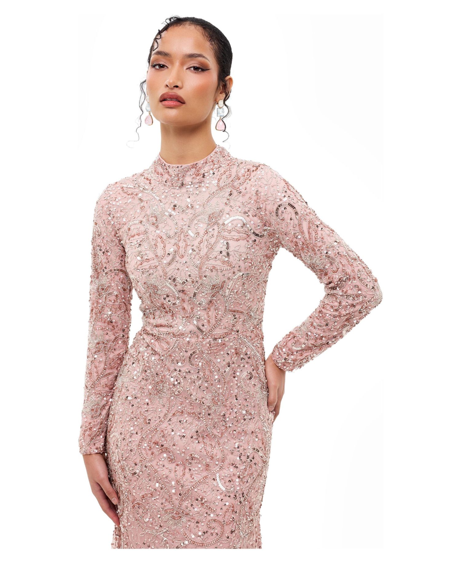 Women's Modest Embellished Sequins Trail Gown